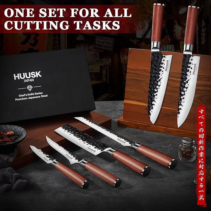 Huusk Japanese Chef Knife Set 6 pcs, Kitchen Knives with Hand-forged High Carbon Steel Blade, Sharp Cooking Knife Set with Ergonomic Wood Handle, Professional Kitchen Knives Sets, Gift Idea for Men