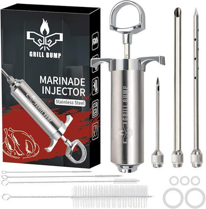 Grill Bump Meat Injector Syringe Kit with 3 Professional Marinade Injector Needles for BBQ Grill Smoker, Turkey and Brisket; 2-oz Large Capacity, Including Paper User Manual, Recipe E-Book (PDF)