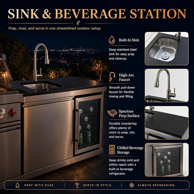84 Inch Outdoor Kitchen Island Grill, 6 Burner 75300 BTU Propane BBQ Grill with Sink & Wheels Beverage Refrigerator, Rotisserie Kit, Griddle, Backyard BBQ SS304 Stainless Steel, Granite Top, Silver