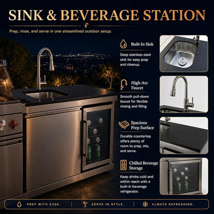 84 Inch Outdoor Kitchen Island Grill, 6 Burner 75300 BTU Propane BBQ Grill with Sink & Wheels Beverage Refrigerator, Rotisserie Kit, Griddle, Backyard BBQ SS304 Stainless Steel, Granite Top, Silver