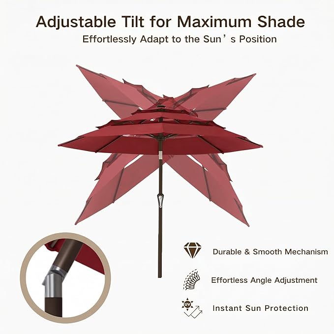Kingdura 10ft 3-Tier Patio Umbrella, Outdoor Table Umbrella with Easy Crank & Tilt, 8 Reinforced Ribs, UV Protection for Deck, Pool, Market, Backyard (Red)