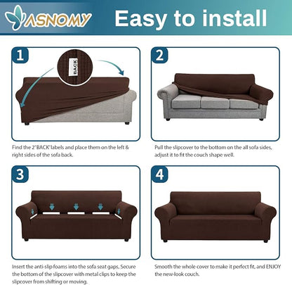 Asnomy Stretch Oversized Couch Covers for Sofa Slipcover,Chocolate | 1-Piece Sofa Covers Washable(94"-110") 4-Seater Furniture Protector with Non Skid Foam and Elastic Bottom for Kids, Pets