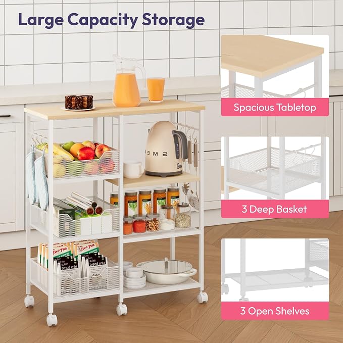 SWTYMIKI Kitchen Island Cart on Wheels - 4 Tier Rolling Kitchen Table Cart with Storage Shelves, 6 Removable Hooks& Locking Casters, Coffee Bar Cabinet for Dining Room Pantry Office, White