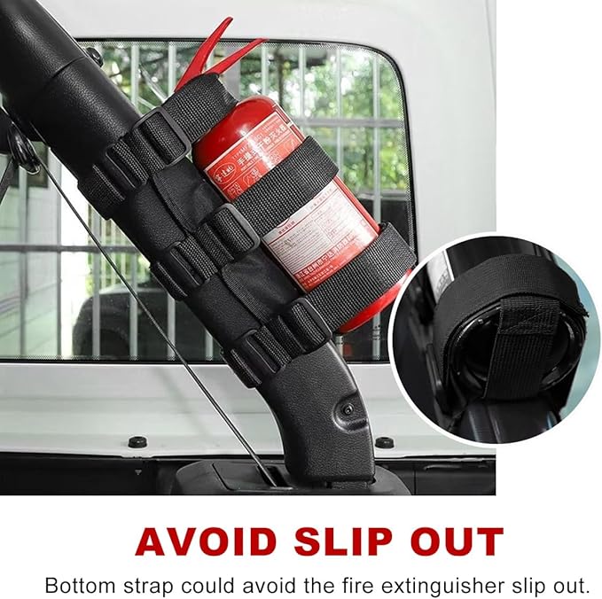 Ohleats Roll Bar Fire Extinguisher Holder, Adjustable Fire Extinguisher Mount Strap with American Flag Pattern, Car Accessories Fixed Belt for Wrangler JK JKU TJ CJ (No Pattern, Black, 1 PCS)