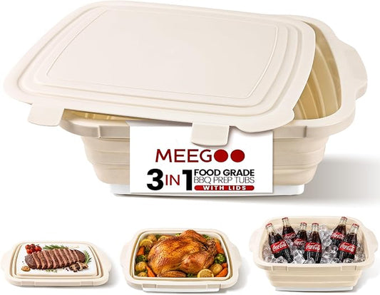 BBQ Prep Tub,16L Collapsible Cutting Board with Locking Lid, White for Camp | Foldable Marinating Basin, Leak-Resistant Edges, Space-Saving Storage, For Camping, Picnic, Tailgate, RV, Backyard Grilling