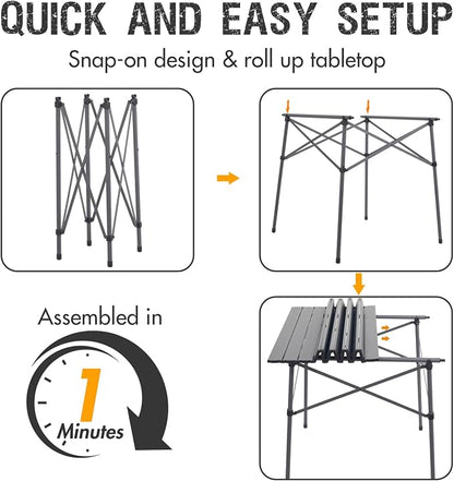 Portal Lightweight Aluminum Folding Square Table Roll Up Top 4 People Table | Portable Outdoor Design; Durable Construction; Easy Setup & Storage; Color: Gray