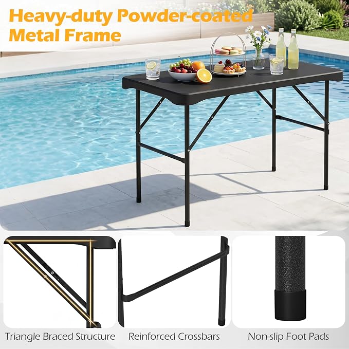 Giantex Folding Picnic Table Bench Set, Rectangular Patio Dining Table Set for 4, with HDPE Tabletop, Metal Frame, Space-Saving and Portable for Camping Party Dining BBQ (Black)