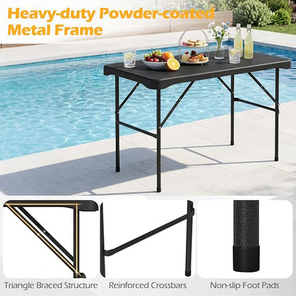 Giantex Folding Picnic Table Bench Set, Rectangular Patio Dining Table Set for 4, with HDPE Tabletop, Metal Frame, Space-Saving and Portable for Camping Party Dining BBQ (Black)