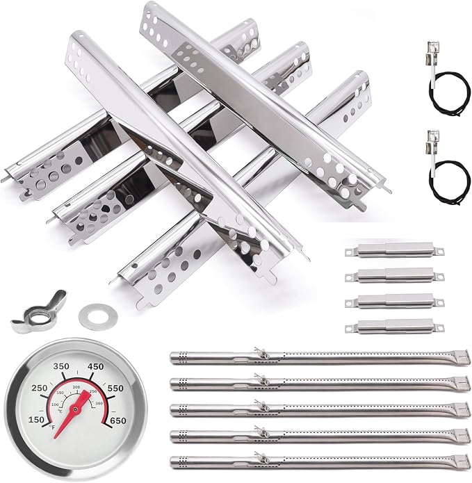 Criditpid Grill Replacement Parts for Charbroil Performance 5 Burner 463347519 463275517, Grill Burner, Heat Tent Plate Shield, Carryover Tube, Igniter & Temp Gauge Kit for Charbroil 463243518 Grill
