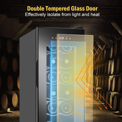 FoMup Wine Fridge 12 Bottles, Small Wine Cooler Refrigerator Freestanding with Digital Temperature Control Safety Lock, Frost Free for Red White Wine, Champagne