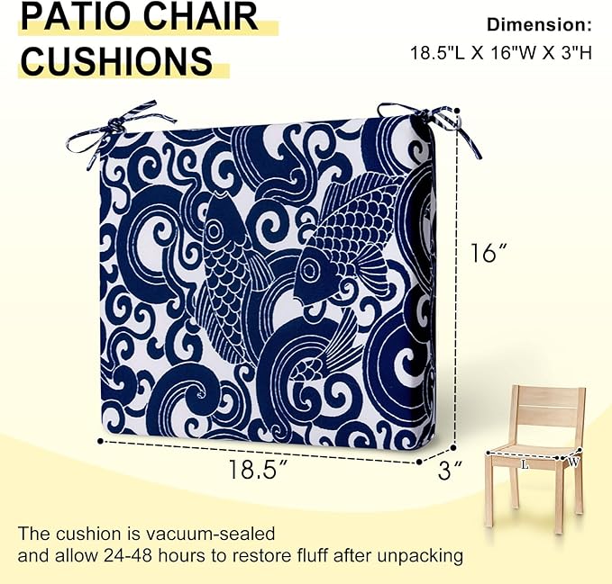 downluxe Outdoor Chair Cushions Set of 6 for Patio Furniture, Water-Resistant Square Corner Patio Chair Cushions with Ties, High Density Foam Outdoor Seat Cushion, 18.5" X 16" X 3", Blue Carp