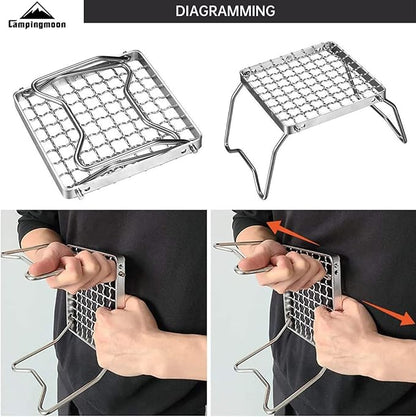 Campingmoon Portable Campfire Grill Grate 304 Stainless Steel Folding Camping Grill Over Gas Stove BBQ Grill Rack with Legs and Carrying Bag