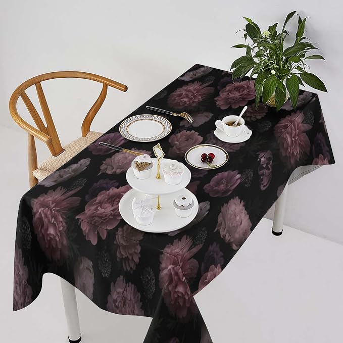 Vintage Florals Tablecloth, Gothic Summer Garden Peonies Flowers Rustic Roses Boho Botanical Plant Water Resistant Wipeable Table Cover for Picnic Party Holiday Kitchen Dinner Table 55"x75"