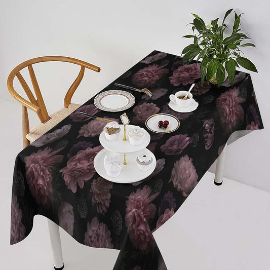 Vintage Florals Tablecloth, Gothic Summer Garden Peonies Flowers Rustic Roses Boho Botanical Plant Water Resistant Wipeable Table Cover for Picnic Party Holiday Kitchen Dinner Table 55"x75"