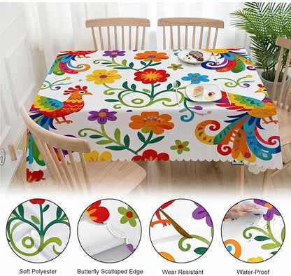Decorative Rectangle Tablecloth 52"X70" Mexican Birds, Rainbow Paisley Birds Floral Wrinkle Free Table Cover, Picnic Table Cloths for Parties, Weddings, Kitchen