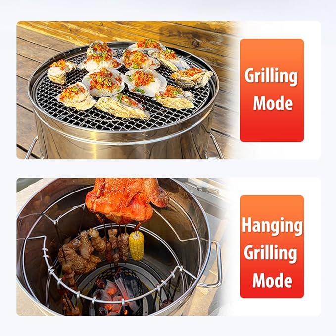DYRABREST Stainless Steel Charcoal Grill Large Portable BBQ Grill Barrel with Skewers, Oil Separation Design, Smokeless Charcoal Grill for Outdoor Camping, Parties, Backyard BBQs, and Travel (Large)
