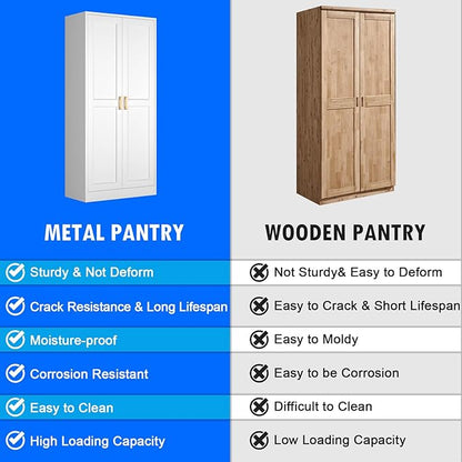 Polup Kitchen Pantry Cabinet, 60 Inch Tall Pantry Storage Cabinet with Doors and Adjustable Shelves, Metal Storage Cabinet with Golden Handles for Dining, Living Room, Assembly Required, White