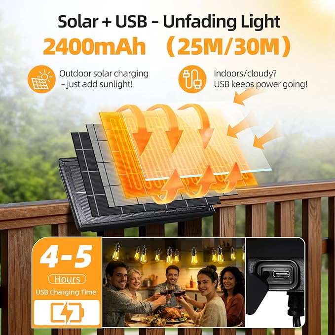 Solar Lights Outdoor Patio Lights: S14 25M 82FT Solar Powered 3 Light Modes Solar Waterproof Light - Shatterproof Bulbs - Camping Backyard Garden Deck Outside Yard