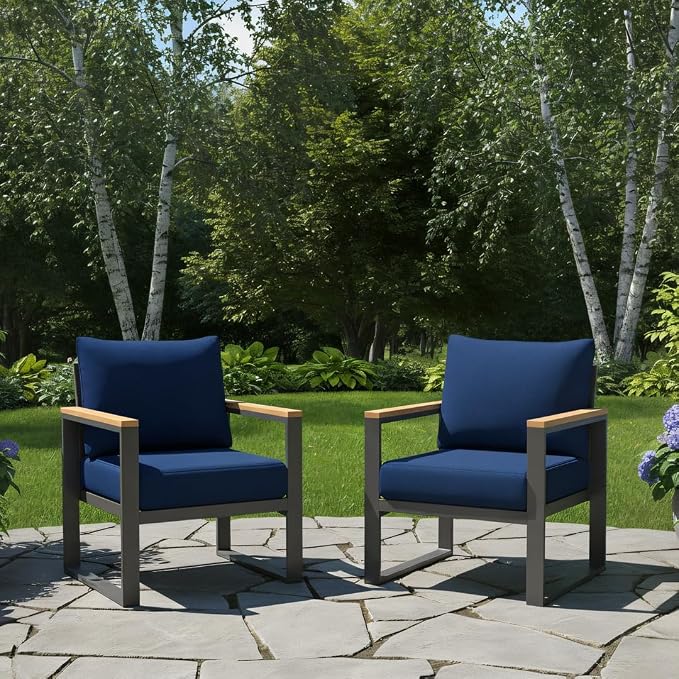 Sundale Outdoor 2 Pieces Patio Aluminum Armchairs, All-Weather Outdoor Furniture with 6” Olefin Cushion & Wide Armrest, Outdoor Chairs or Garden Deck Porch (Navy Blue)