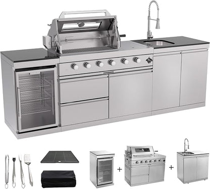 Outdoor Kitchen Island 98.4 Inch, 72000 BTU Gas Grill Combination With Refrigerator and Sink, Outdoor Stainless Steel Barbecue Bar, Natural Gas Barbecue Grill for Patios, Gardens, Parties