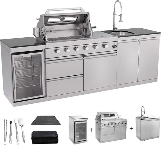 Outdoor Kitchen Island 98.4 Inch, 72000 BTU Gas Grill Combination With Refrigerator and Sink, Outdoor Stainless Steel Barbecue Bar, Natural Gas Barbecue Grill for Patios, Gardens, Parties