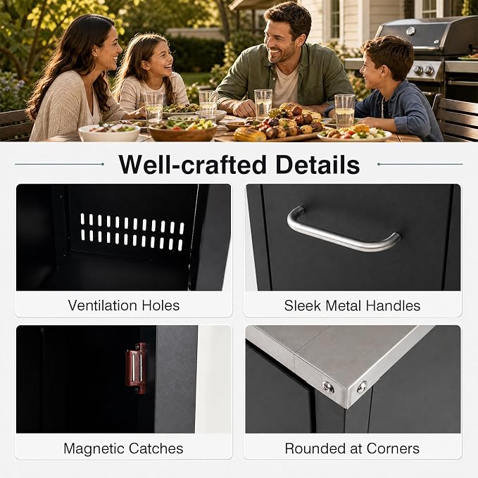 HAPPYGRILL 59” Outdoor Grill Table w/2 Removable Shelves & Storage Cabinets | Heavy-duty BBQ Prep Station w/ Stainless Steel Top, Lockable Universal Wheels, Suitable for Gas Grills & Charcoal Griddles