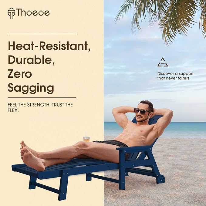 THOEOE Patio Chaise Lounge Chair Set of 2, Oversized Lounge Chair Outdoor with 5 Positions, 78″ Long, HDPE, Patio Lounge Chair with Wheels & Cup Holder for Pool, Deck, Poolside,Navy Blue