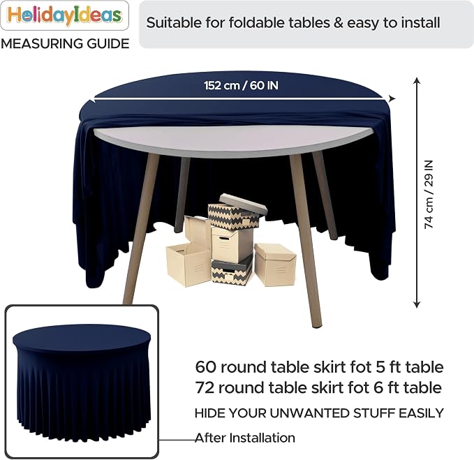 Fitted Navy Spandex Table Skirts for Wedding Party,60 Inch Round,6 Pack | Spandex Table Covers, For 5 Ft Wedding Cake Tables, Wrinkle Resistant, Ruffle Design Banquets, Baby Showers, Parties