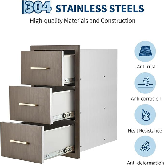 Garvee Outdoor Kitchen Drawers 16" W x 28.5" H x 20.5" D, Flush Mount Triple Access BBQ Drawers with Stainless Steel Handle for Outdoor Kitchens, BBQ Island, Patio Grill Station