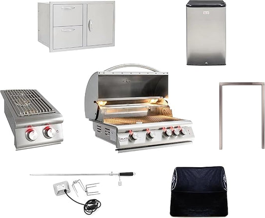 BLAZE BBQ Outdoor Package of 40” LTE Built-in Gas Grill, LTE Built-In Double Side Burner, 32” Door & Two Drawers Combo, 20” Refrigerator and Accessories (Grill Cover, Fridge Trim, and Rotisserie Kit)