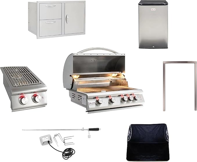 BLAZE BBQ Outdoor Package 13 of 40” LTE Built-in Natural Gas Grill, Double Side Burner, 32” Door & Two Drawers Combo, 20” Refrigerator, Grill Cover, Fridge Trim, Rotisserie Kit and Accessories