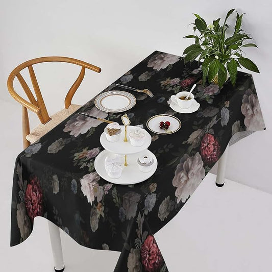 Vintage Florals Tablecloth, Black Pink Garden Gothic Flowers Rustic Roses Boho Botanical Plant Water Resistant Wipeable Table Cover for Picnic Party Holiday Kitchen Dinner Table 60"x90"