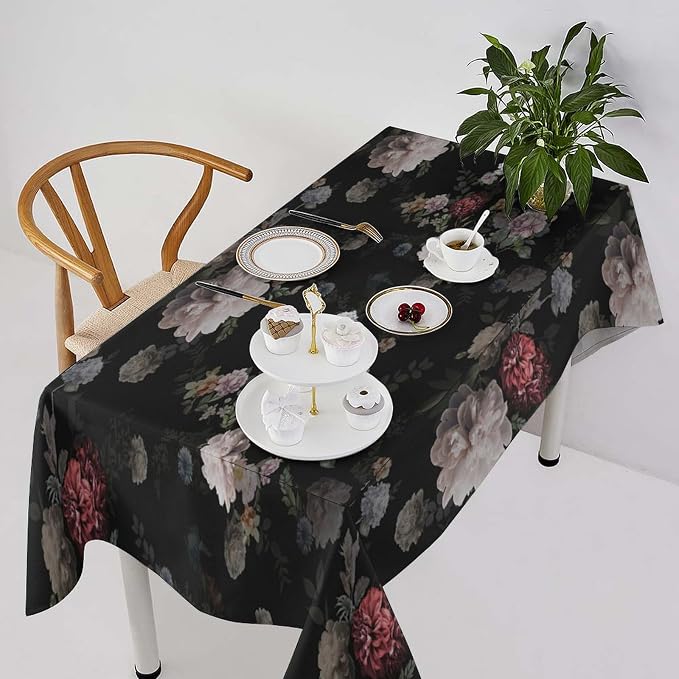 Vintage Florals Tablecloth, Black Pink Garden Gothic Flowers Rustic Roses Boho Botanical Plant Water Resistant Wipeable Table Cover for Picnic Party Holiday Kitchen Dinner Table 55"x75"