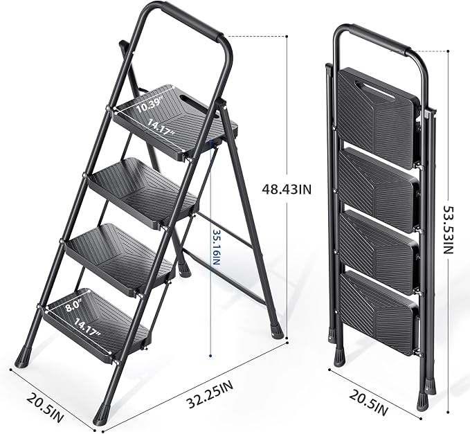 KINGRACK 4 Step Ladder, Folding Step Stool with Anti-Slip Pedals | Heavy Sturdy Steel ladder with Handrail, Safe-Lock Design, Multi-Purpose, Home, Kitchen, Pass 500lbs Load Testing, Black