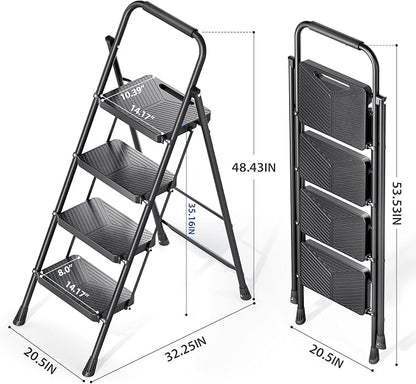KINGRACK 4 Step Ladder, Folding Step Stool with Anti-Slip Pedals | Heavy Sturdy Steel ladder with Handrail, Safe-Lock Design, Multi-Purpose, Home, Kitchen, Pass 500lbs Load Testing, Black