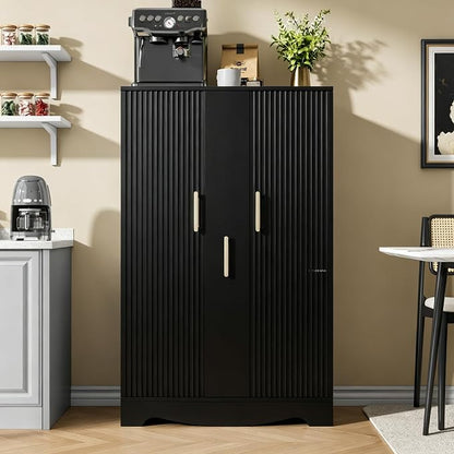 kepptory 47“ Black Kitchen Pantry Cabinet with 3 Doors, Adjustable Shelves, | Pull-Out Side Spice Racks, Freestanding Food Storage Cupboard for Kitchen, Dining Room, Living Room