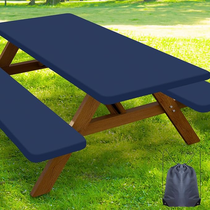 Smiry Picnic Table Cover with Bench Covers, Waterproof Elastic Fitted Polyester Tablecloths for 4 Ft Rectangle Tables, Washable Windproof Tablecloth for Camping, RV & Outdoor (Navy, 24x48 Inches)