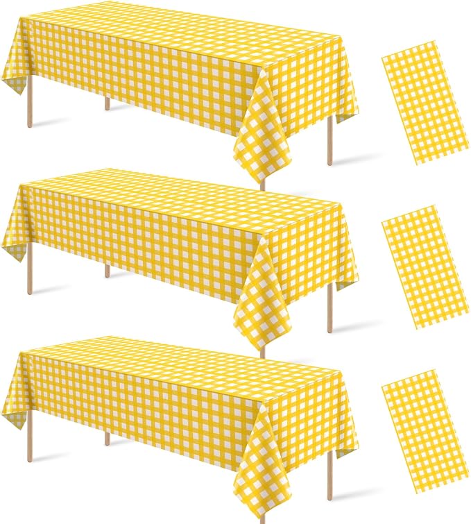 3 Pcs Yellow Gingham Tablecloths, Checkered Party Table Covers 54x108 Inch | Yellow and White Checkered Tablecloths, Disposable Waterproof for Summer Picnic Camping Barbecue Birthday Party
