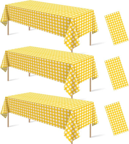 3 Pcs Yellow Gingham Tablecloths, Checkered Party Table Covers 54x108 Inch | Yellow and White Checkered Tablecloths, Disposable Waterproof for Summer Picnic Camping Barbecue Birthday Party