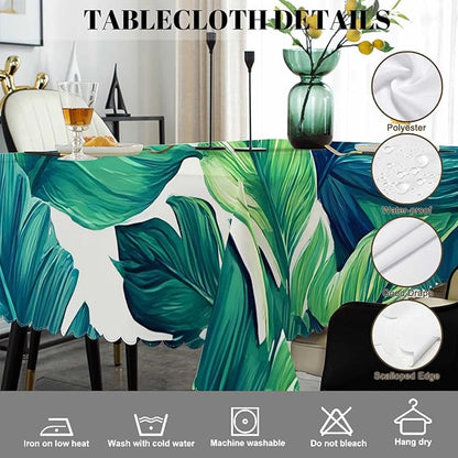 Swono Tropical Leaves Tablecloth Ocean Beach Turquoise Green Palm Leaves Rectangle Table Cloth Washable Plaid Table Cover for Kitchen Holiday Dinner, 52x 70 Inch Tablecloth