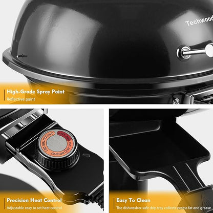 Electric Grill, Techwood Indoor/Outdoor Electric BBQ Grill, 1600W Portable Removable Stand Grill with Adjustable Heat & Drip Tray, Double Layer Design for Party, Patio & Backyard (Black)