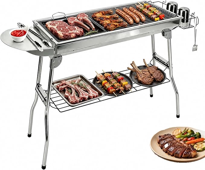 Foldable Barbecue Charcoal Grill Stainless Steel BBQ Grill Outdoor Portable BBQ Tool Kits with Non-Stick Frying Pan for Camping Picnic Backyard Cooking