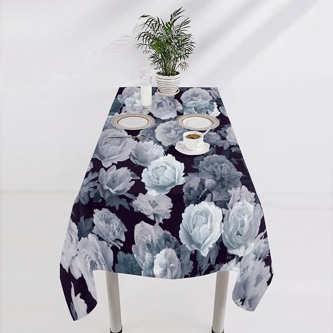 Vintage Florals Tablecloth, Gothic Black Garden Peonies Flowers Rustic Roses Boho Botanical Plant Water Resistant Wipeable Table Cover for Picnic Party Holiday Kitchen Dinner Table 55"x55"