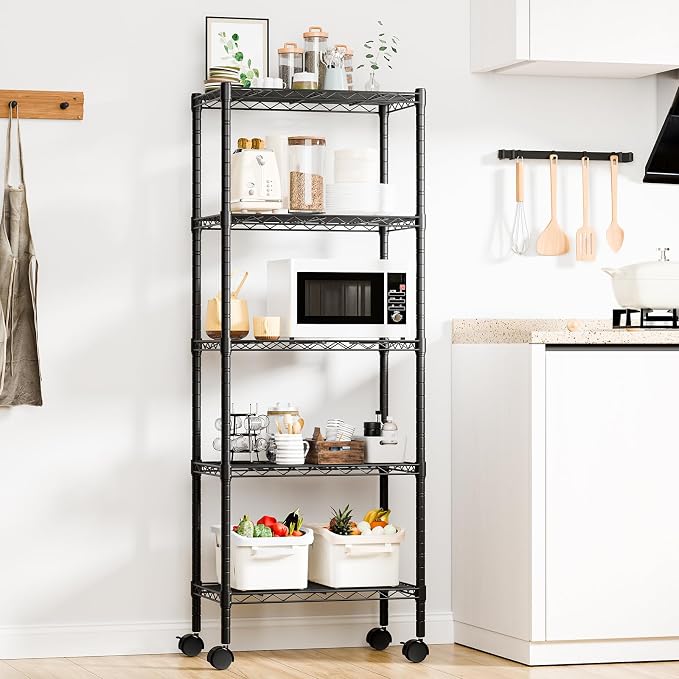 DUMOS 5-Tier Metal Storage Shelves, Wire Shelving, 23.2" W | Lockable Wheels, Adjustable Standing, Heavy Duty Steel Unit, Kitchen Bathroom Pantry Garage Organizers, 59.1"H