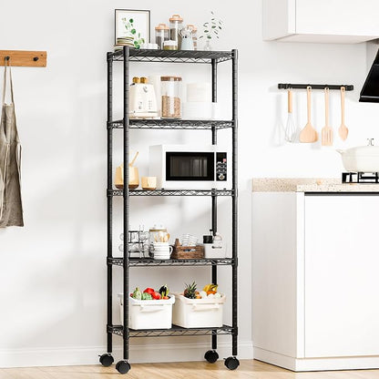 DUMOS 5-Tier Metal Storage Shelves, Wire Shelving, 23.2" W | Lockable Wheels, Adjustable Standing, Heavy Duty Steel Unit, Kitchen Bathroom Pantry Garage Organizers, 59.1"H