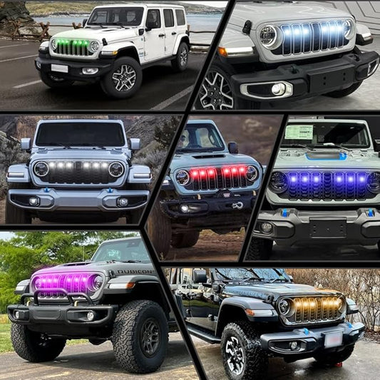 6PCS Grill Lights Fit for Jeep Wrangler 2024 2025, APP Control 8 Lighting Modes Front Bumper Grille Light Daytime Running Light (RGB)