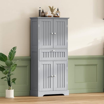 ChooChoo 51" H Bathroom Floor Cabinet with Drawers and Adjustable Shelves | Bathroom Storage Cabinet, Freestanding Kitchen Pantry Cupboard with 4 Doors for Living Room, Grey