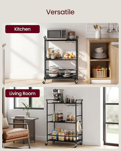 VASAGLE 3-Tier Bar Cart, Steel Serving Cart on Wheels with Wine Rack and Glass Holder, 25.4 x 12.6 x 33.7 Inches, Black, for Kitchen and Living Room, Barnet Collection ULRC200B101