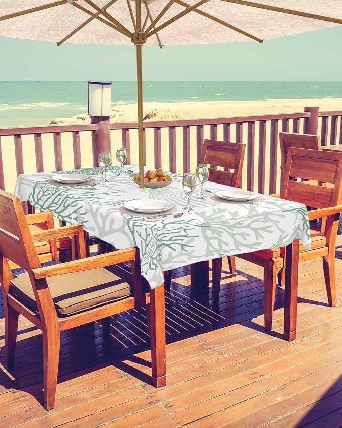Sage Green Coastal Outdoor Tablecloth - 54x80 Inch Rectangle Waterproof Dining Table Cover, Sea Turtle Nautical Coral Beach Starfish Outdoor Table Cloth with Umbrella Hole&Zipper for Patio