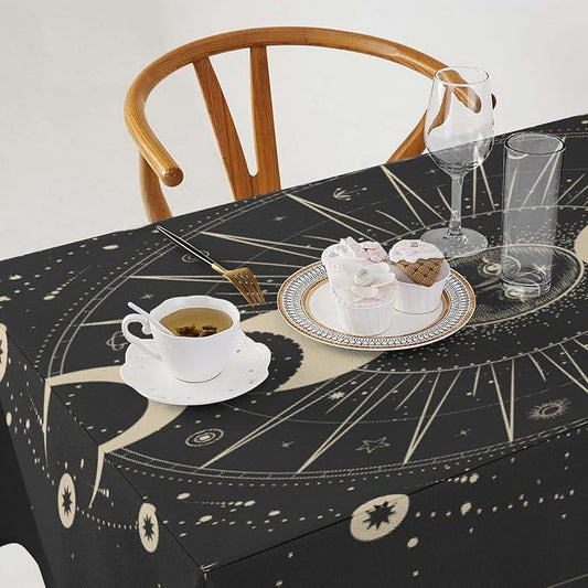 Vintage Moon Sun Tablecloth Moon Phase Star Galaxy Zodiac Signs Moonlight Table Cloth Water Resistant Wipeable Table Cover for Farmhouse Picnic Party Holiday Kitchen Dinner Table 60"x110"
